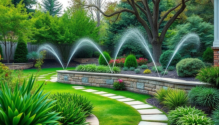 Fieldstone retaining wall and custom patio with lush greenery.