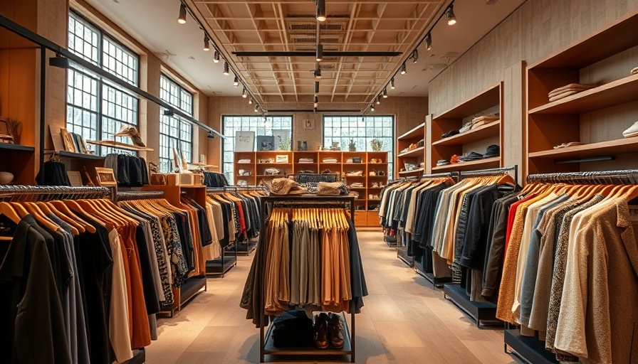 Chic clothing store interior, warm lighting, modern design.