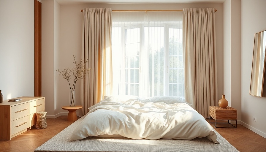 Serene material-mix bedroom with soft lighting and minimal decor.