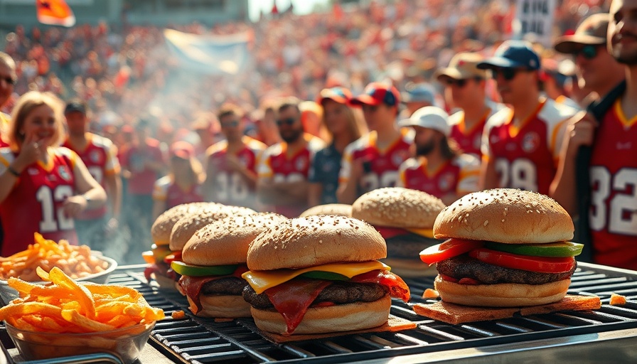Juicy cheeseburgers grilling at a lively tailgate party, sunny day.