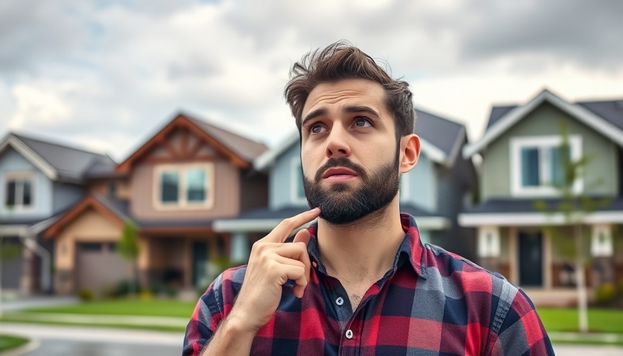 Thoughtful man pondering first-time homebuyer tips with houses in the background.