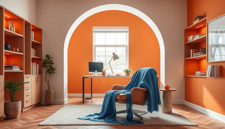Contemporary workspace with orange paint, arch design, warm tones.