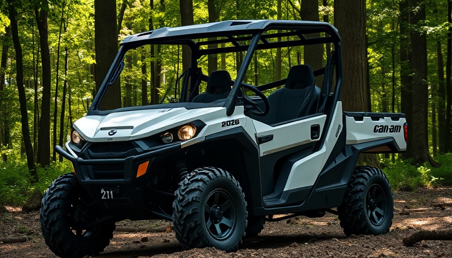 2026 Can-Am Defender UTV in forest with headlights on.