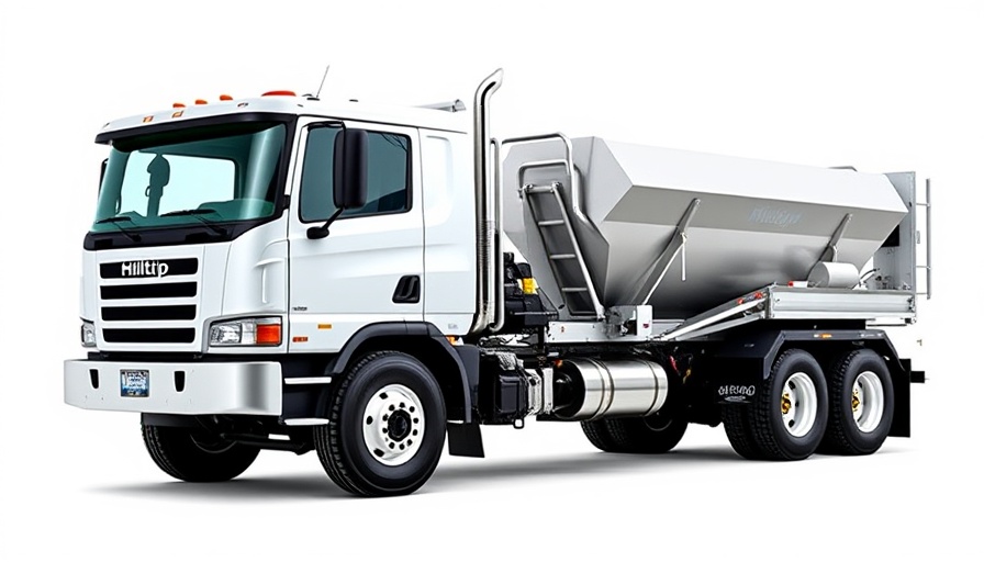 Hilltip IceStriker 4500 salt spreader on truck, side view.