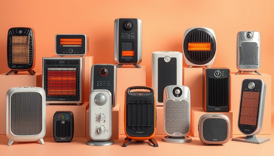 Various models of safest space heaters displayed on a peach background.
