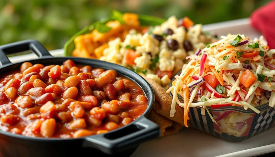 Delicious tailgating side dishes: baked beans, potato salad, coleslaw.