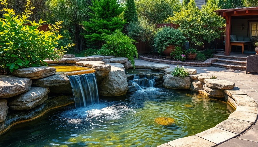 Serene backyard with waterfall and stone patio highlighting water features.