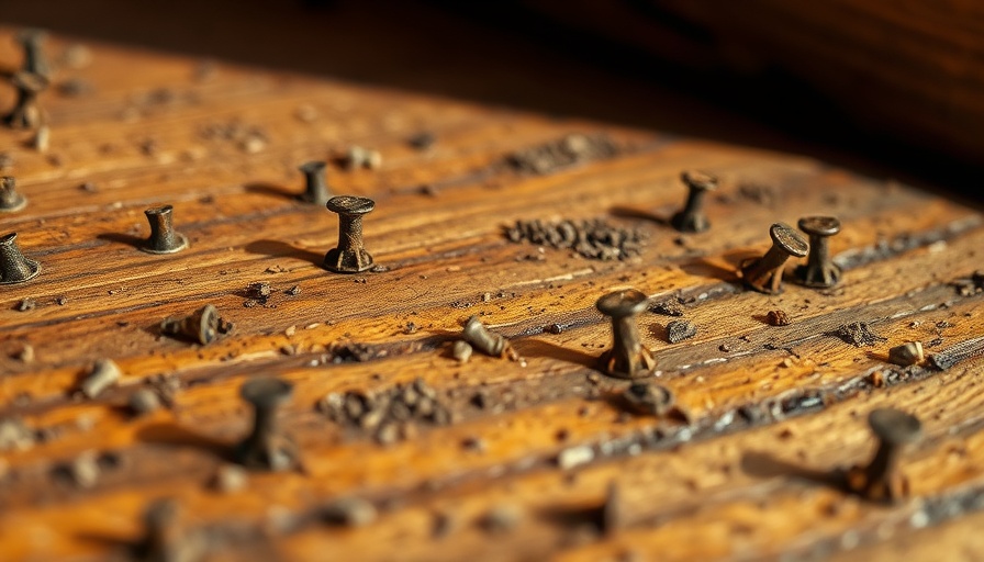 Rusted staples in a wooden subfloor, close-up view.