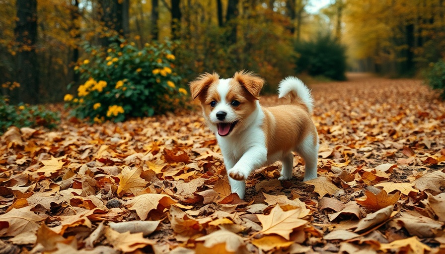 Small dog in autumn leaves, TurfMutt Foundation Fall Checklist setting.