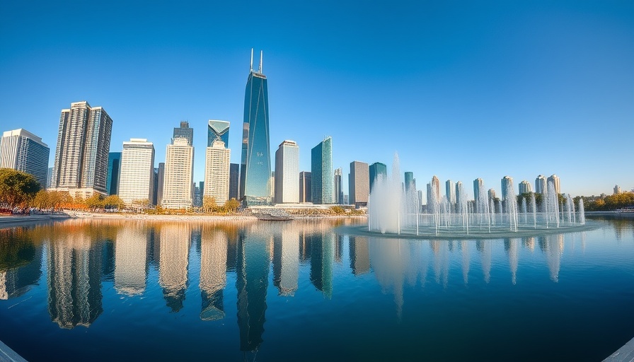 Sunbelt city skyline with reflecting skyscrapers and lake.