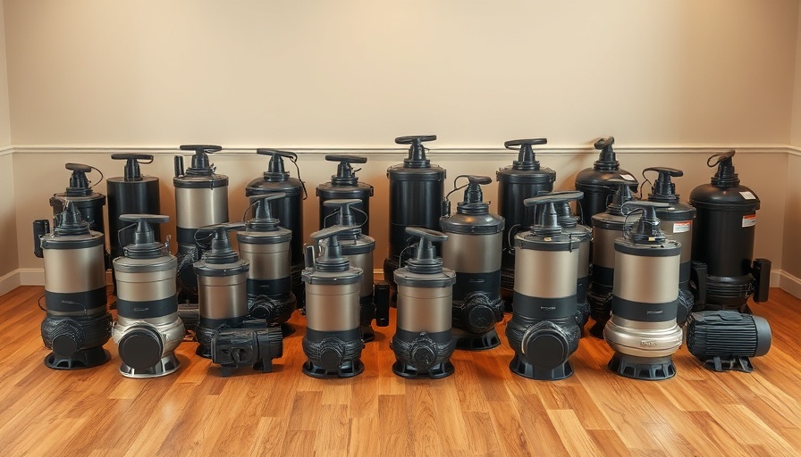 Various sump pumps for crawl spaces and basements arranged on wood floor.