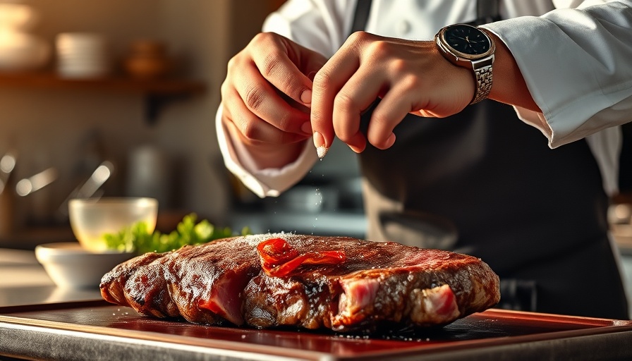 Portland Salt Co in a modern kitchen as a chef seasons steak.