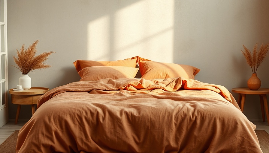 Simple linen bed covers in a minimalistic bedroom with terracotta tones.