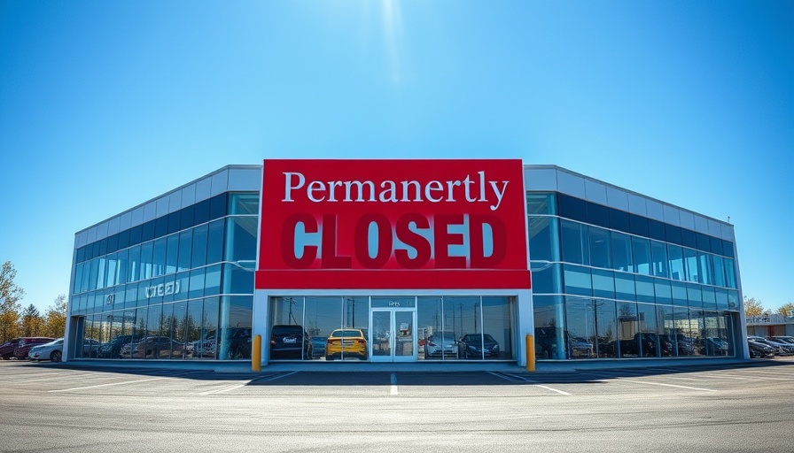 Closed car dealership with 'Permanently Closed' sign under blue sky.