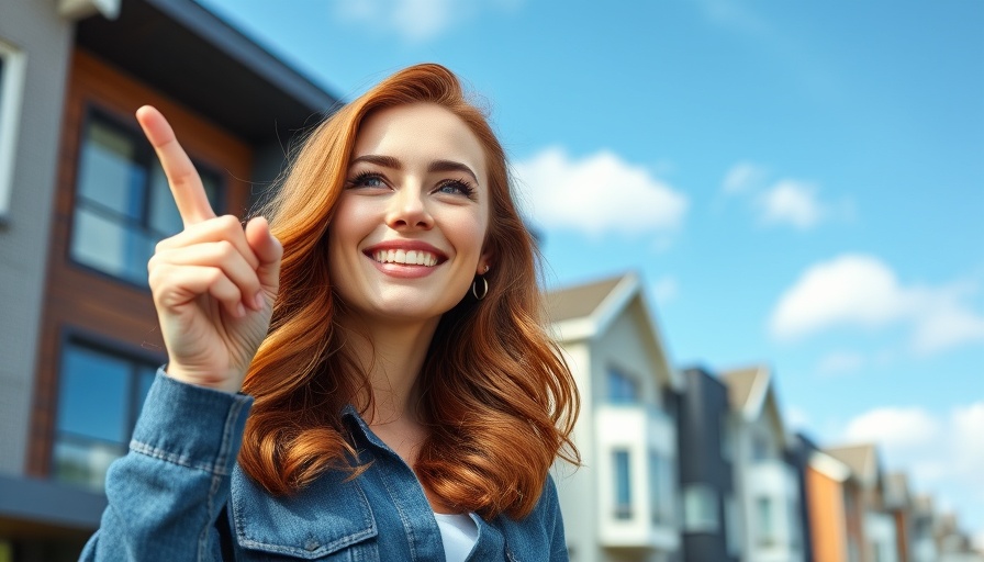 Auburn-haired woman pointing up in front of townhouses, first-time homebuyer tips.