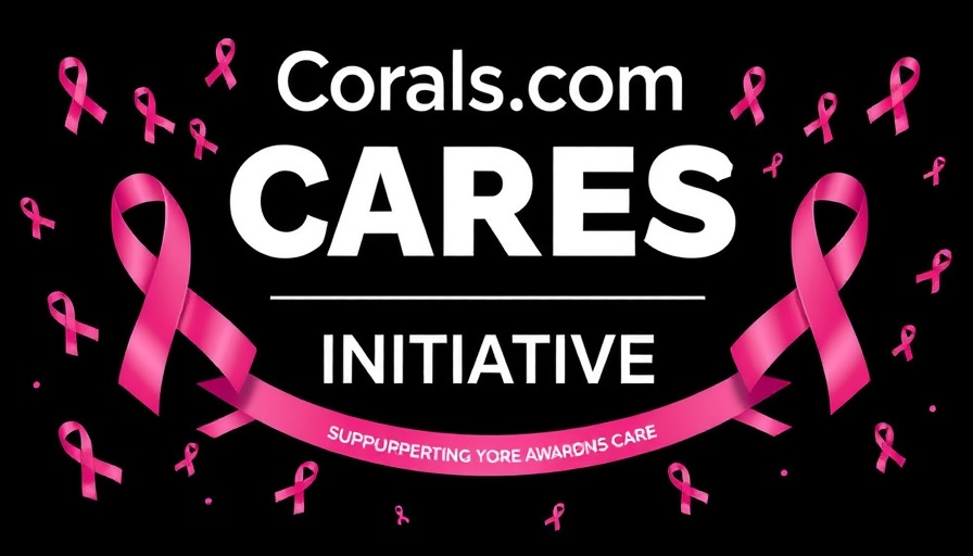 Corals.com Cares Initiative graphic with pink ribbons and logo.