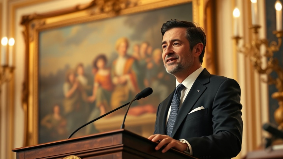 Prominent man speaking at podium, formal setting, Big Tech funding Trump's ballroom context.