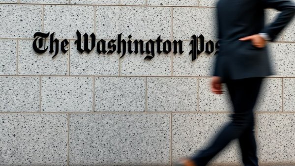 Blurred motion of person walking by The Washington Post logo on stone wall.