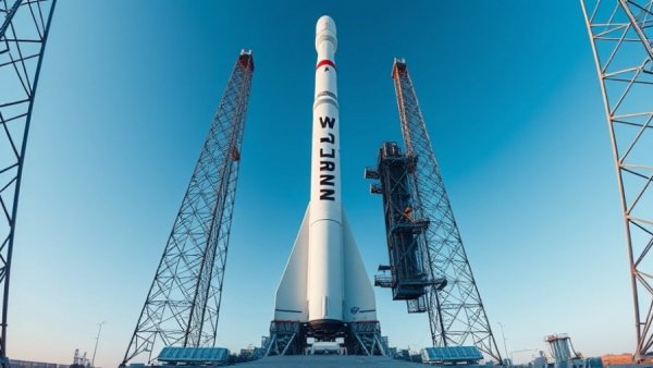 New Glenn rocket on launch pad amid delays, under clear sky.