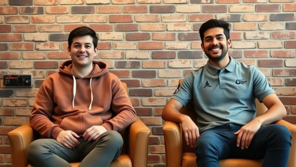 Two young men seated against a brick wall, relaxed, tech tools context.