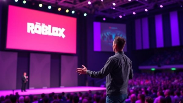 Roblox conference speaker addressing audience, highlighting child safety measures.