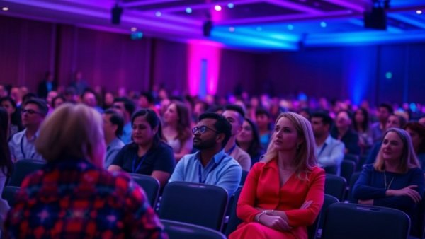 Engaged audience at tech conference 2026 in vibrant setting.