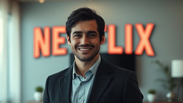 Man smiling in front of Netflix logo, related to Warner Bros. deal approval.