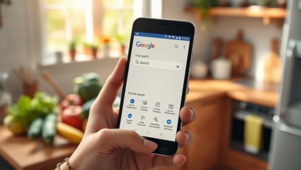 Hand holding smartphone with Google Voice Search in bright kitchen.