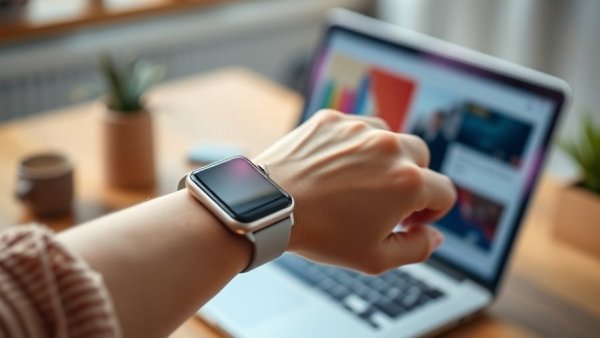 Woman using Apple Watch for productivity in office setting.