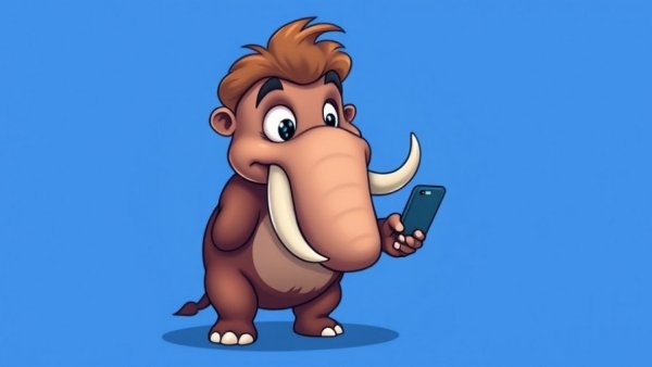 Cartoon mastodon with smartphone symbolizing Mastodon as a Twitter alternative.