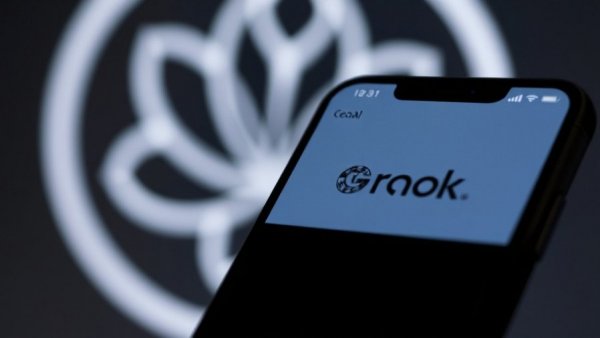 Smartphone displaying Grok AI Assistant app against blurred abstract logo.