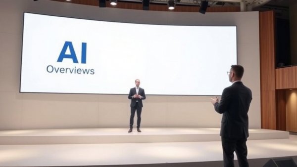 Modern stage with AI Overviews presentation; Google update context.