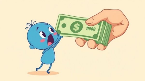 Cartoon of small character reaching for oversized dollar bill, OpenAI acquisition concept.