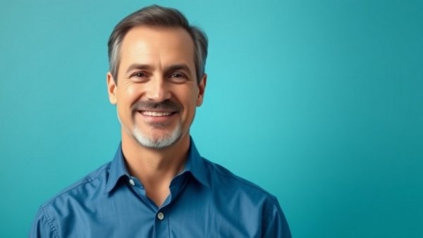 Professional man and text about AI trends in healthcare on gradient background.