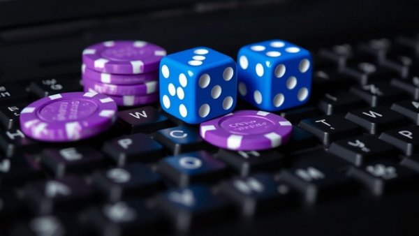 Dice and poker chips on keyboard illustrating illegal gambling ads.
