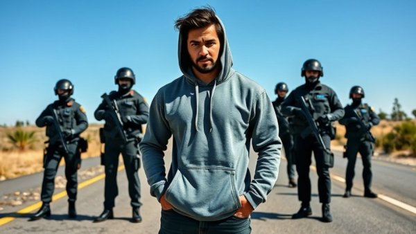 Tense roadside scene with person facing armed officers, ICE context.