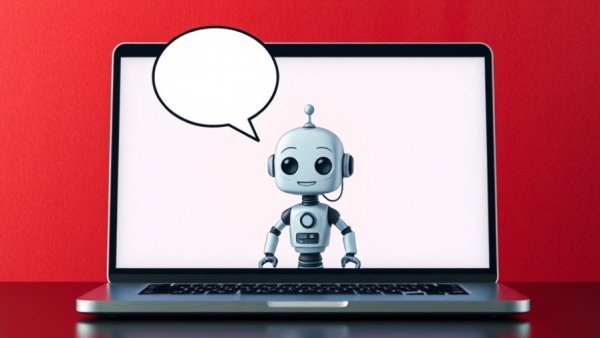 Cartoon robot on laptop screen with speech bubble, real-time AI voice applications.