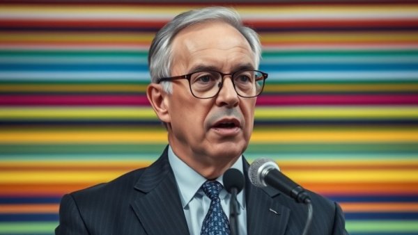 Middle-aged man speaking with colorful abstract background at AMI Labs.