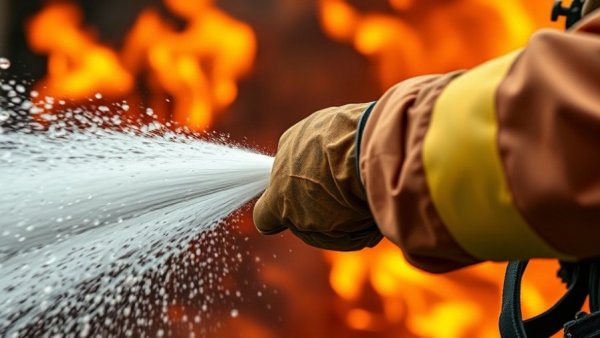 Firefighting action with water stream and flames, AI Solutions in Firefighting.