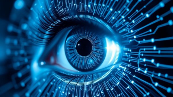 Futuristic digital eye structure symbolizing eye strain wellness device