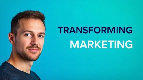 Gradient background with text on product marketing transformation and a male portrait.