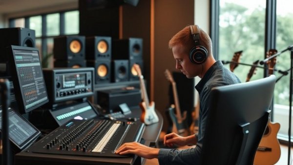 Music producer using AI music generator Suno in studio.