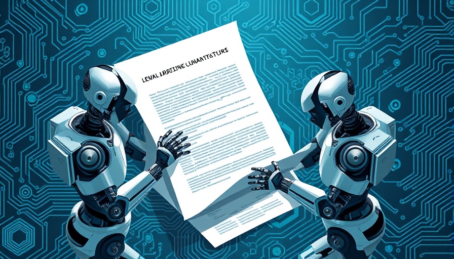 Robots analyzing EU AI legislation documents.