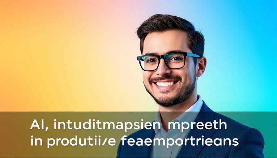 AI-augmented product development title on a colorful gradient background with a smiling professional.