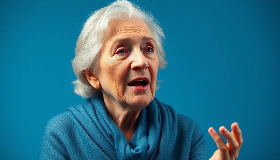 Elderly woman speaking, final interview, blue shawl, professional setting.
