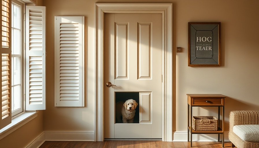 Beige door with installed doggy door and white shutters.
