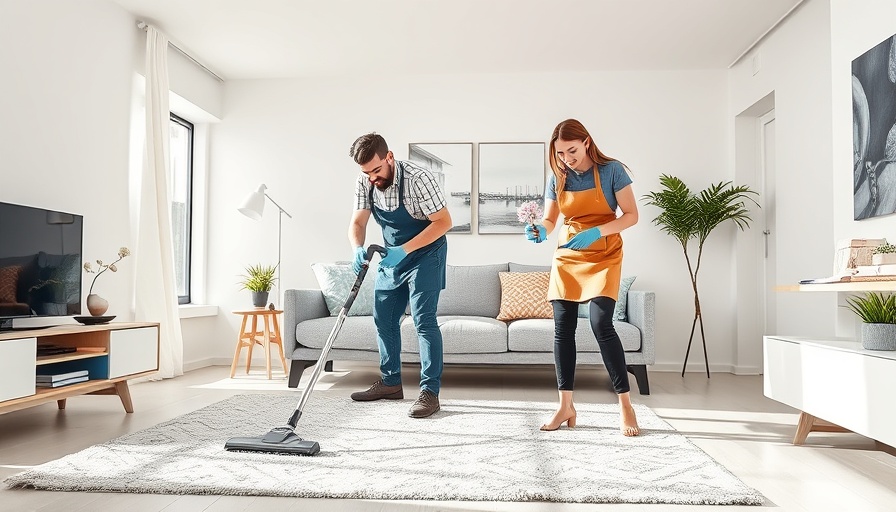 Home cleaning duo tidying a living room, teamwork in shared homes.