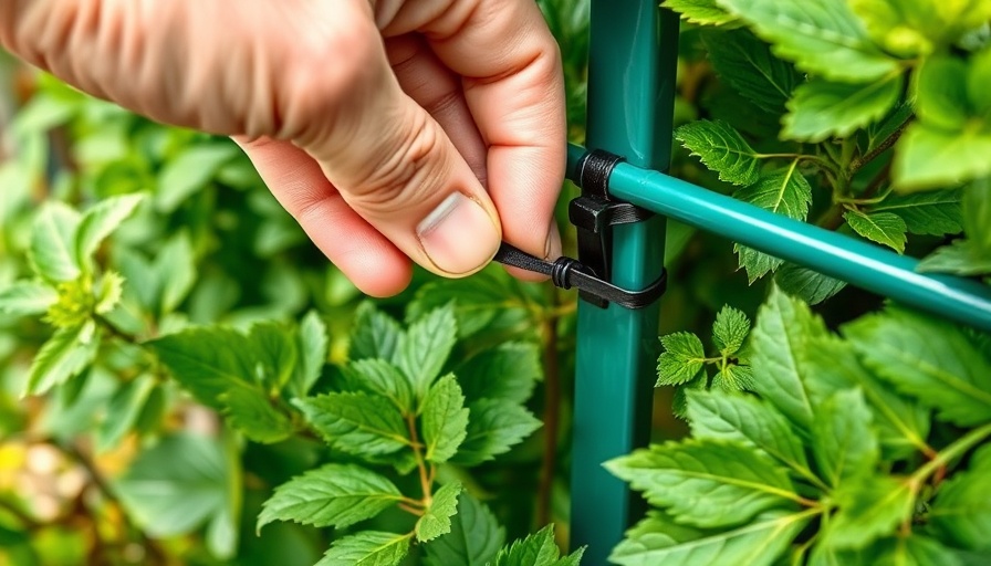 Using zip ties to secure plant stems to trellis outdoors.