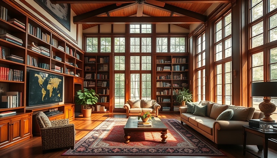 Cozy living room showcasing the impact of light and structure on daily living, featuring large bookshelves and elegant seating.