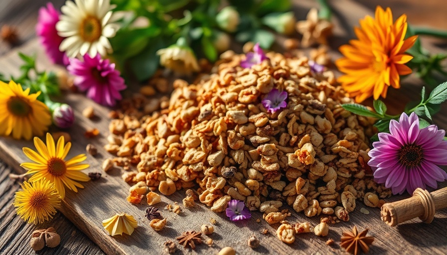 Grain-Free Chai Spice Granola beautifully arranged with vibrant flowers and spices.